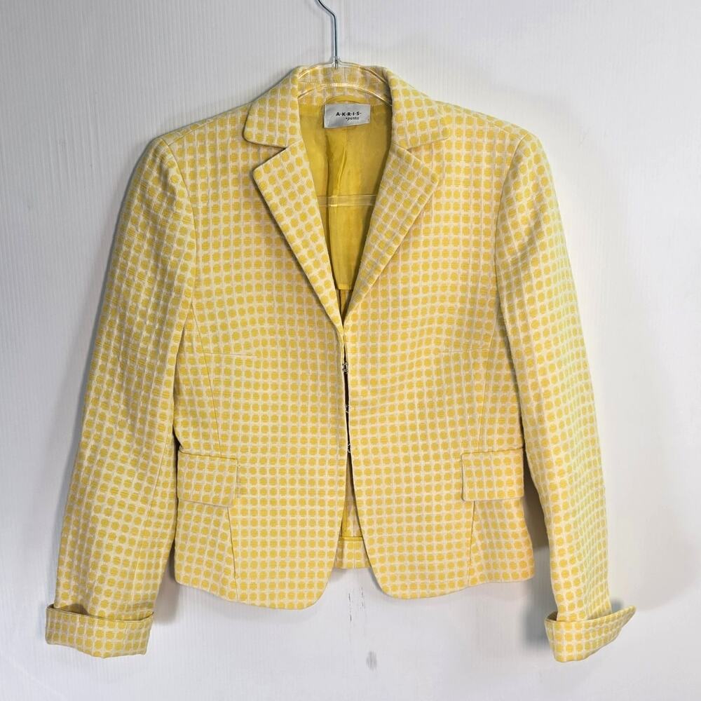 Akris Punto Yellow White Polka Dot Check Textured Blazer Size 6 Cotton Linen